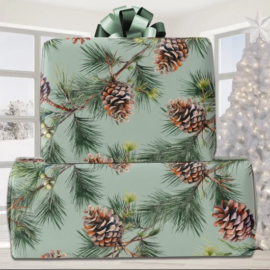 Pine Cones Laden White Pine Garlands Sage Green Geschenkpapier