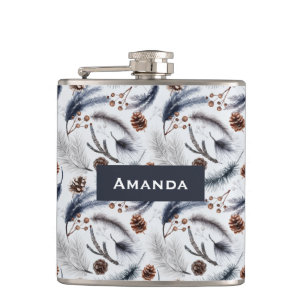 Pine Cones & Pine Needles Wasserfarbenes Muster Flachmann