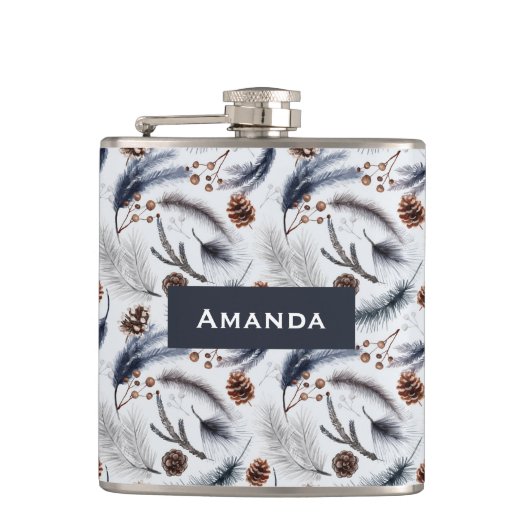 Pine Cones & Pine Needles Wasserfarbenes Muster Flachmann (Vorderseite)