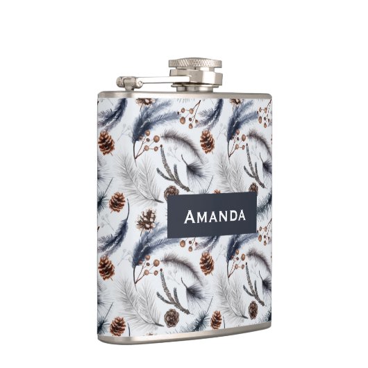 Pine Cones & Pine Needles Wasserfarbenes Muster Flachmann (Rechts)