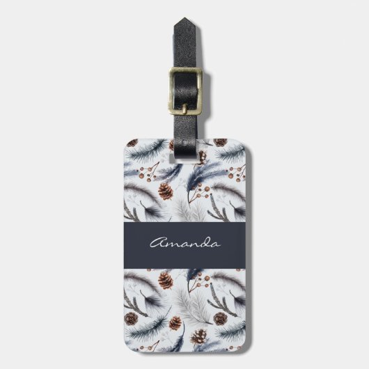 Pine Cones & Pine Needles Wasserfarbenes Muster Gepäckanhänger (Vorderseite vertikal)