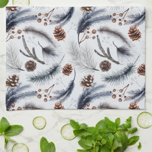 Pine Cones & Pine Needles Wasserfarbenes Muster Geschirrtuch (Gefaltet)