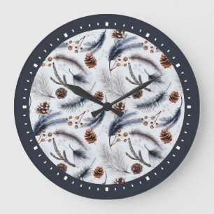 Pine Cones & Pine Needles Wasserfarbenes Muster Große Wanduhr