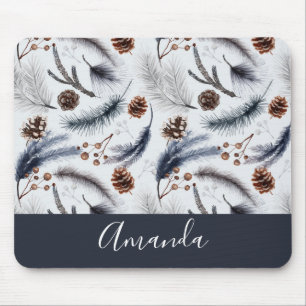 Pine Cones & Pine Needles Wasserfarbenes Muster Mousepad