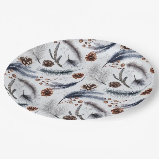 Pine Cones & Pine Needles Weihnachtsmuster Pappteller (Schrägansicht)