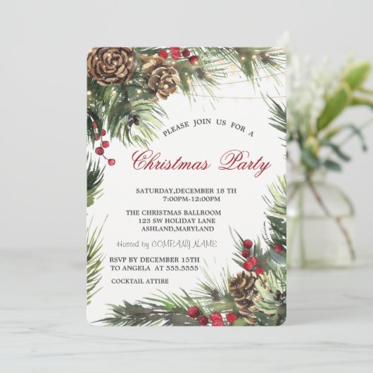 Pine Cones, Pine Tree Branches Weihnachtsfest Part Einladung (Stehend Vorderseite)