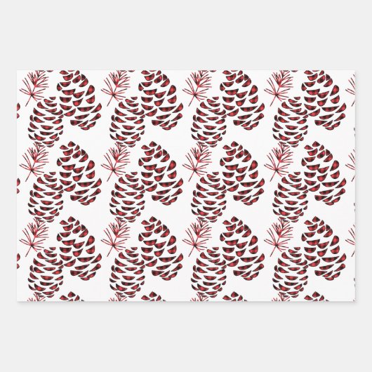Pine Cones Red und Black Buffalo Kariert Geschenkpapier Set (Vorderseite)