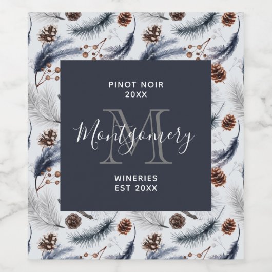 Pine Cones & Rustikales Muster Weinkultur und Erde Weinetikett (Einzelnes Label)