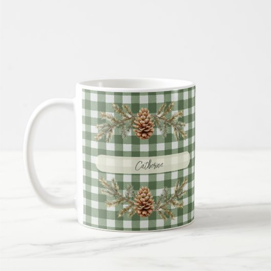 Pine Cones und Branches Personalisiert Gingham Kaffeetasse (Links)