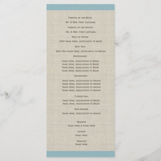 Pine Cones und Burlap Blue Wedding Programm (Rückseite)