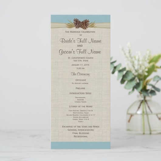 Pine Cones und Burlap Blue Wedding Programm (Stehend Vorderseite)