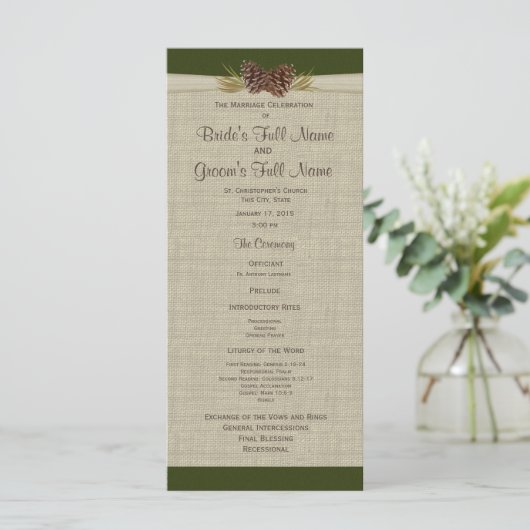 Pine Cones und Burlap Green Wedding Programm (Stehend Vorderseite)