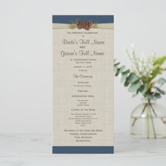 Pine Cones und Burlap Navy Blue Wedding Programm (Stehend Vorderseite)