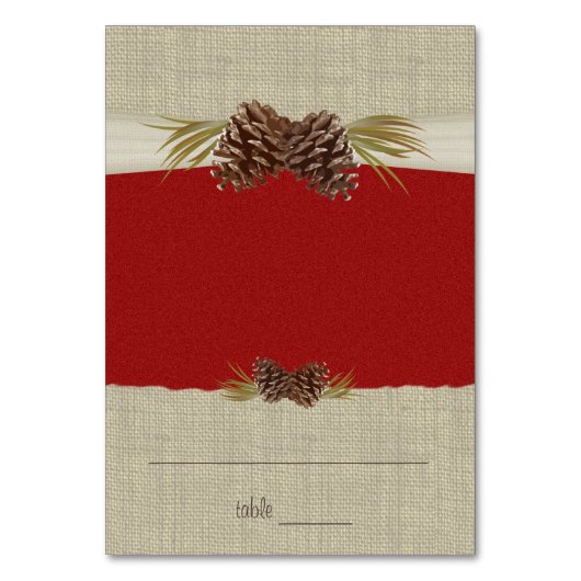 Pine Cones und Burlap Red Seating Card Tischnummer (Vorderseite)