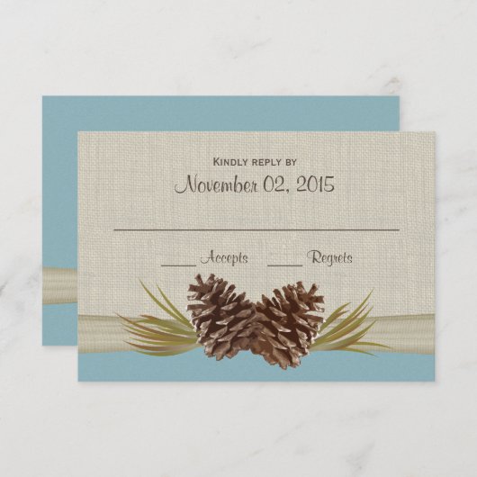 Pine Cones und Burlap Winter Blue Response Card RSVP Karte (Vorne/Hinten)
