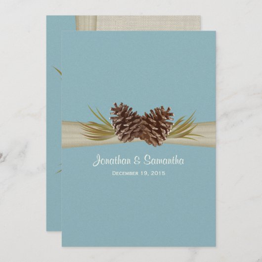 Pine Cones und Burlap Winter Blue Wedding Einladung (Vorne/Hinten)