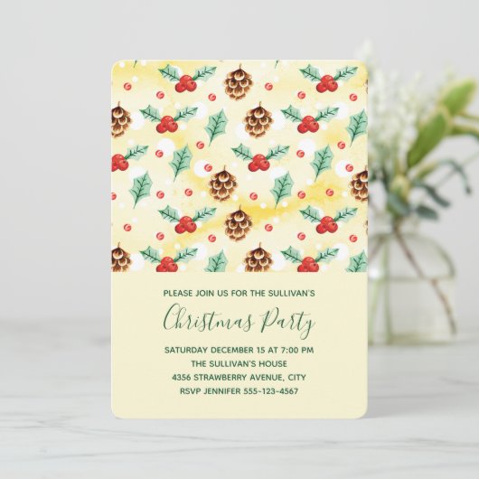 Pine Cones und Holly Christmas Pattern Einladung (Stehend Vorderseite)