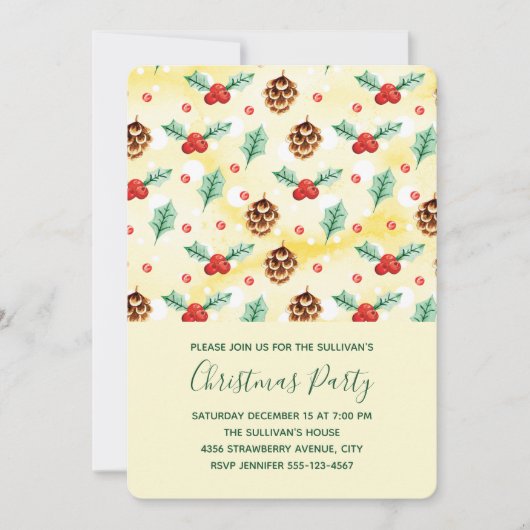 Pine Cones und Holly Christmas Pattern Einladung (Vorderseite)
