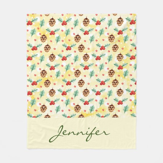 Pine Cones und Holly Christmas Pattern Fleecedecke (Vorderseite)