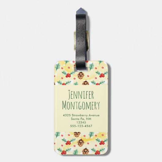 Pine Cones und Holly Christmas Pattern Gepäckanhänger (Rückseite vertikal)
