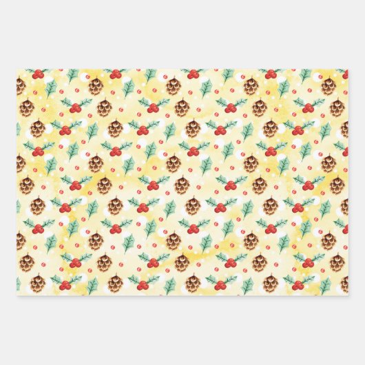 Pine Cones und Holly Christmas Pattern Geschenkpapier Set (Vorderseite)