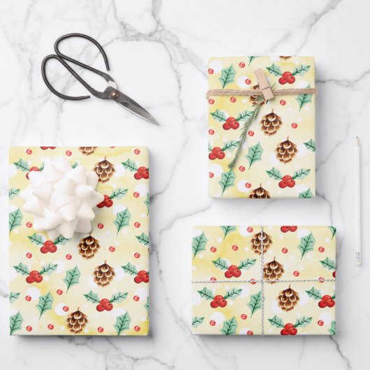 Pine Cones und Holly Christmas Pattern Geschenkpapier Set (Vorderseite)