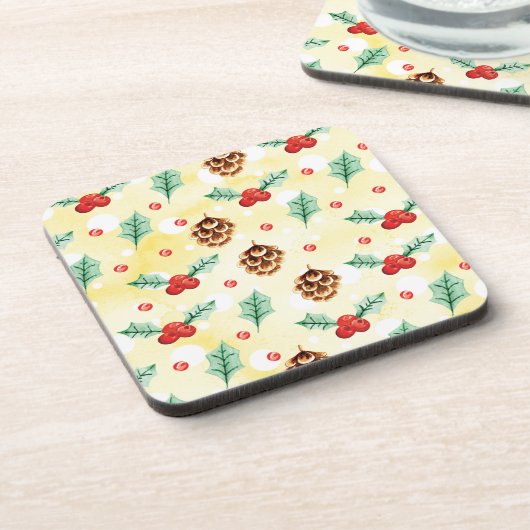 Pine Cones und Holly Christmas Pattern Getränkeuntersetzer (Linke Seite)
