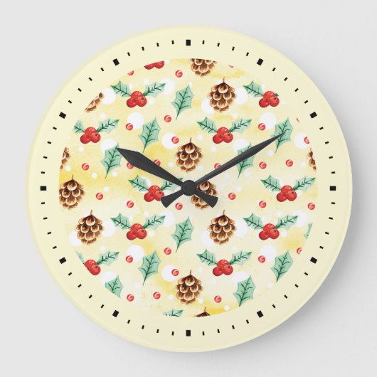 Pine Cones und Holly Christmas Pattern Große Wanduhr (Vorderseite)