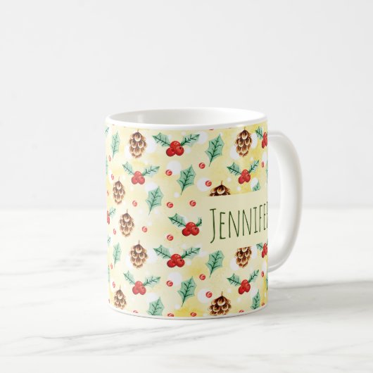 Pine Cones und Holly Christmas Pattern Kaffeetasse (VorderseiteRechts)