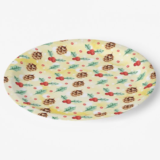 Pine Cones und Holly Christmas Pattern Pappteller (Schrägansicht)