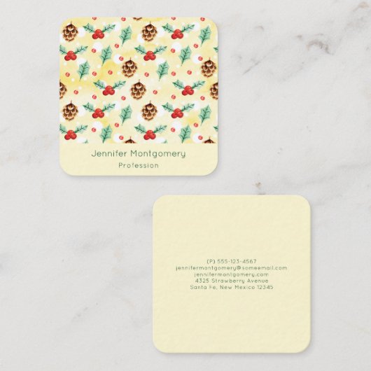 Pine Cones und Holly Christmas Pattern Quadratische Visitenkarte (Vorne/Hinten)