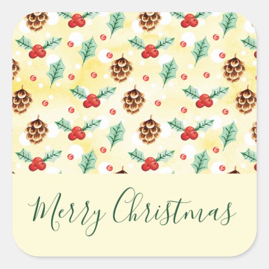 Pine Cones und Holly Christmas Pattern Quadratischer Aufkleber (Vorderseite)