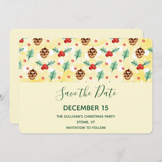 Pine Cones und Holly Christmas Pattern Save The Date (Vorne/Hinten)