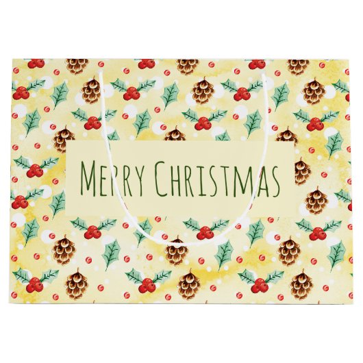 Pine Cones und Holly Pattern Frohe Weihnachten Große Geschenktüte (Vorderseite)