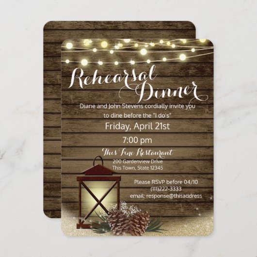 Pine Cones und Lantern Rustikale Probe Abendessen Einladung (Vorne/Hinten)