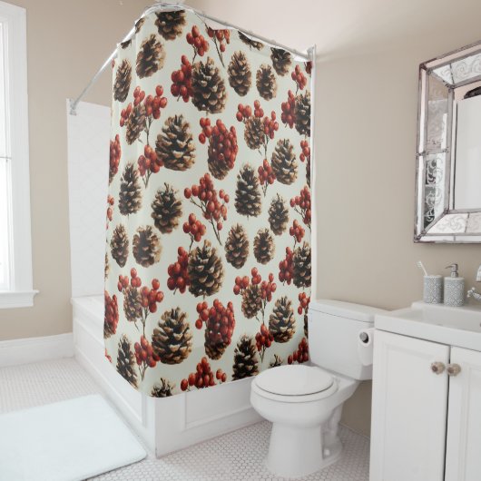 Pine Cones und Red Berries Wintermuster Duschvorhang (Beispiel)
