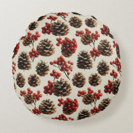 Pine Cones und Red Berries Wintermuster Rundes Kissen