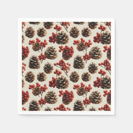 Pine Cones und Red Berries Wintermuster Serviette (Vorderseite)