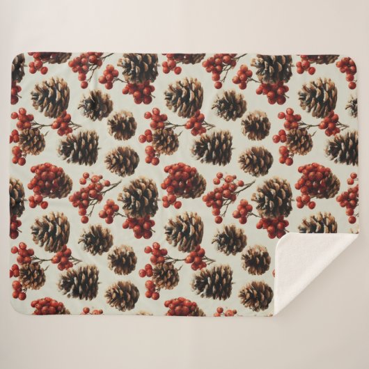 Pine Cones und Red Berries Wintermuster Sherpadecke (Vorderseite (Horizontal))
