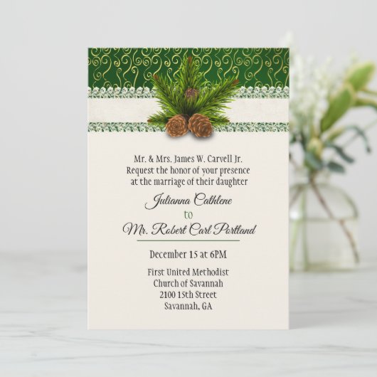 Pine Cones Winter Wedding Einladung (Stehend Vorderseite)