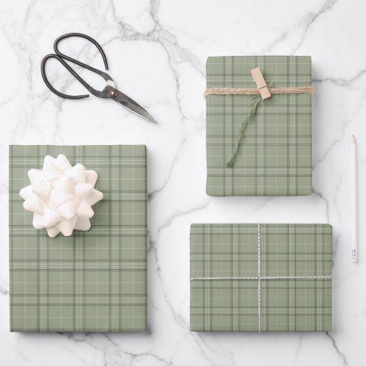 Pine Deer Kariert - Salbei, grüner Tartan. Geschenkpapier Set (Vorderseite)