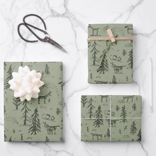 Pine Deer Lake Life - Salbei, grünes Waldmuster. Geschenkpapier Set (Vorderseite)