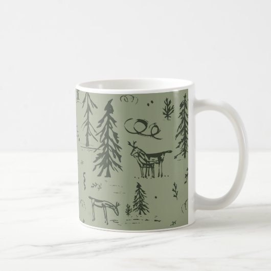 Pine Deer Lake Life - Salbei, grünes Waldmuster. Kaffeetasse (Rechts)