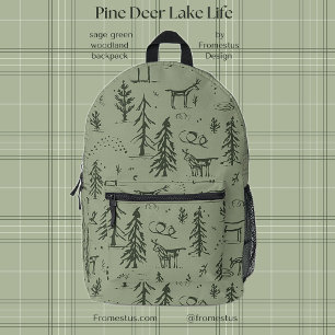 Pine Deer Lake Life - salbeigrünes Waldmuster. Bedruckter Rucksack