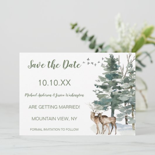 Pine Deer Save the Date im Wald (Stehend Vorderseite)