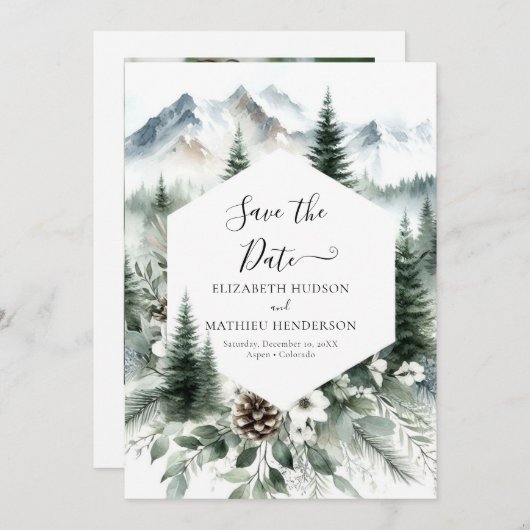 Pine Editable Mountain Wedding Save The Date (Vorne/Hinten)