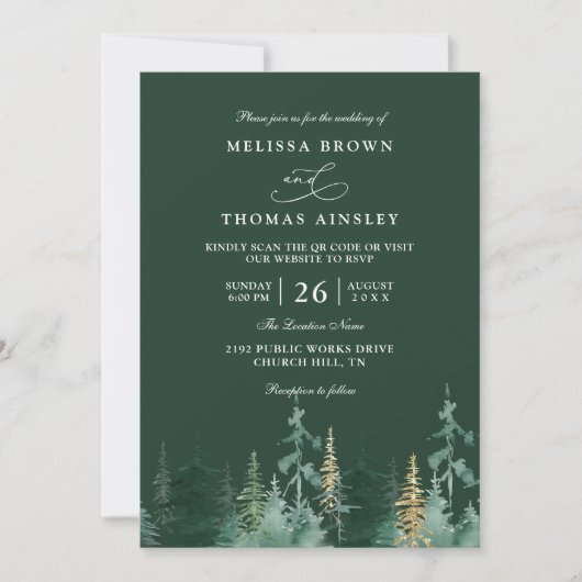 PINE Emerald Green and Gold QR Code Wedding Einladung (Vorderseite)