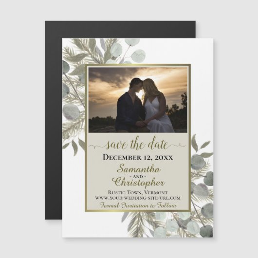 Pine Eukalyptus Wedding Save the Date Foto Tan Magneteinladung (Vorne/Hinten)