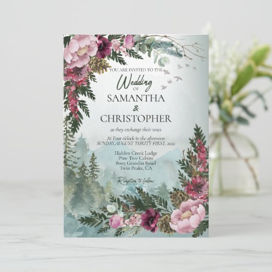 Pine Forest Burgundy Dusty Rose Wasserfarbenprägun Einladung (Stehend Vorderseite)