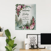 Pine Forest Burgundy Rose Hochzeit Begrüßungszeich Poster (Heimbüro)